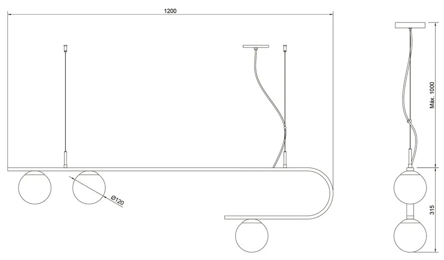 Pendente Dama 120X30Cm 3Xg9 / Cabo Aço Chumbador + Cabo Rayon / Globo... (MT-M Mate Metálico, CLEAR)