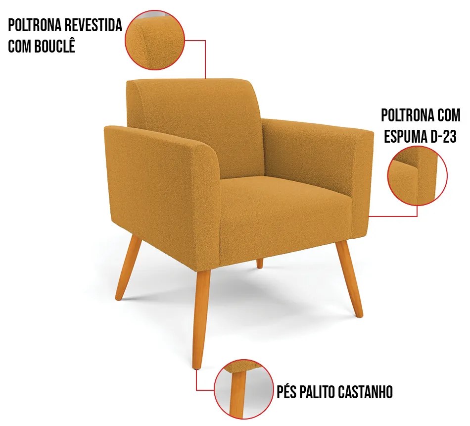 Poltrona Sala Estar Pé Palito Castanho Kit 2 Marisa Bouclê Mostarda D03 - D'Rossi