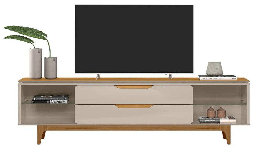 Rack Bancada Decorativo Luanda MDP/MDF TV até 85 Polegadas Gavetas Tauari/Off White G77 - Gran Belo