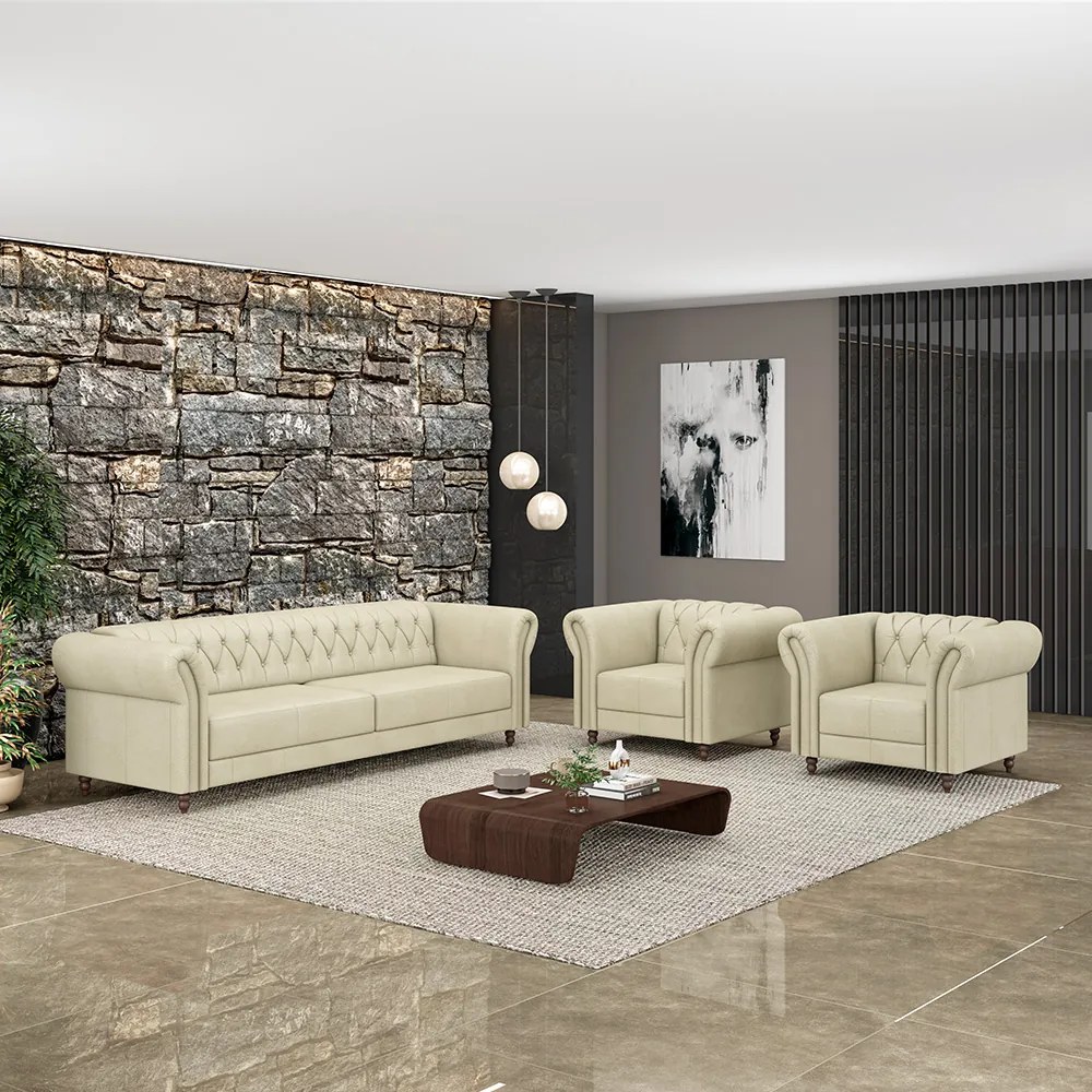 Conjunto Sala de Estar 1 Sofá Living 200cm e 2 Poltronas Stanford Chesterfield Pés Madeira Couro Off White G58 - Gran Belo