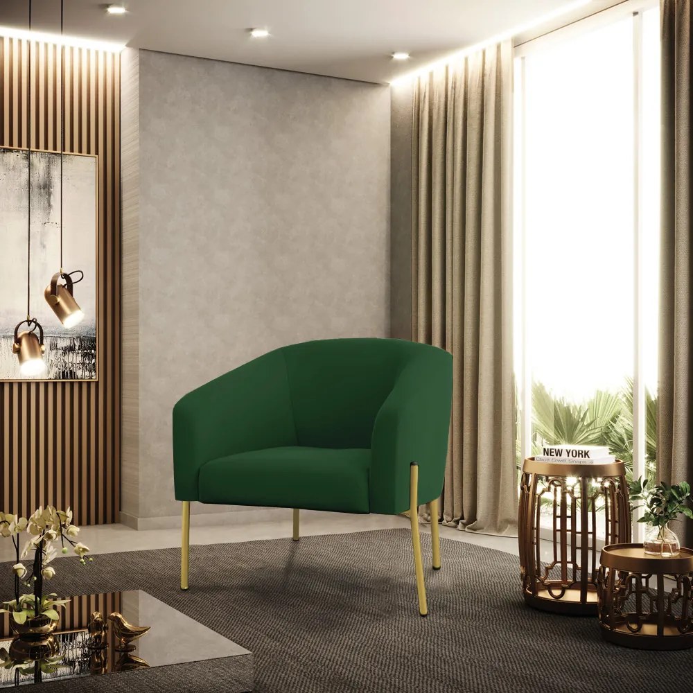 Poltrona Decorativa Pé de Ferro Dourado Stella Veludo D03 - D'Rossi - Verde