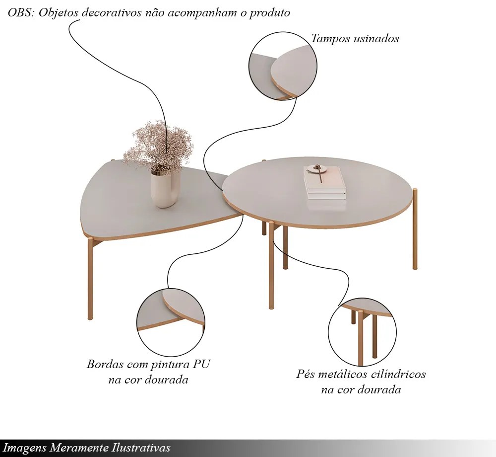 Conjunto Mesas de Centro Decorativas Oak e Dutton Pés Metálicos Dourados Fendi G18 - Gran Belo