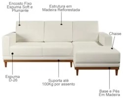 Sofá Living 200cm 3 Lugares Com Chaise Direito Kayrós D05 Linho Cru -