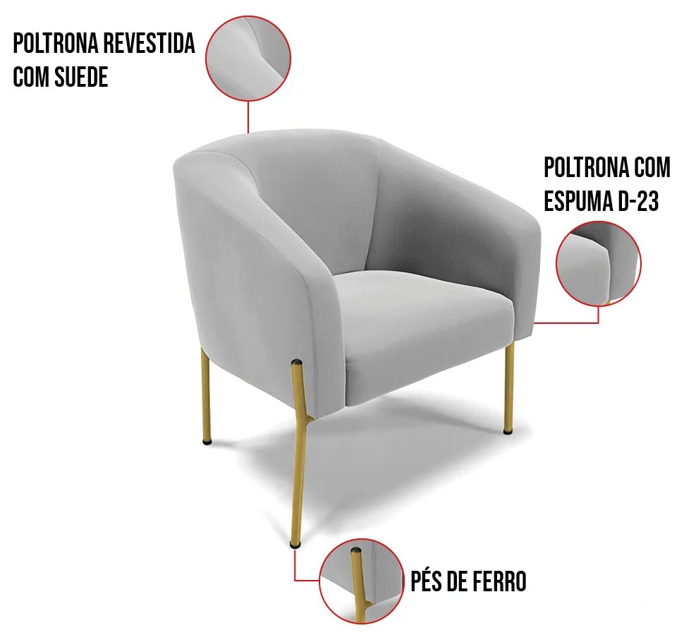 Cadeira Sala de Jantar Pé de Ferro Dourado kit 2 Stella Suede D03 - D'Rossi - Cinza