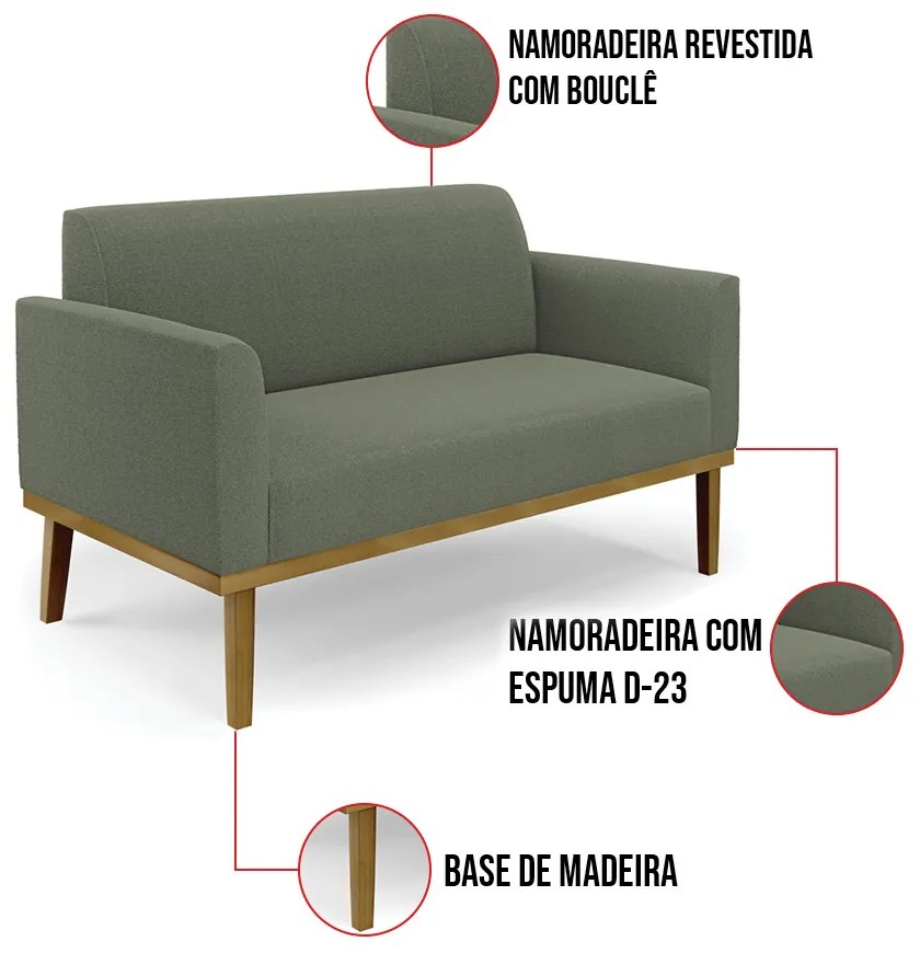 Namoradeira e 2 Poltronas Base Madeira Castanho Marisa Bouclê Pistache D03 - D'Rossi