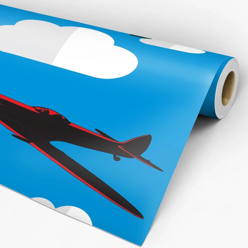 Papel de Parede infantil azul com avião barco nuvens e foguete 0.52m x 3.00m