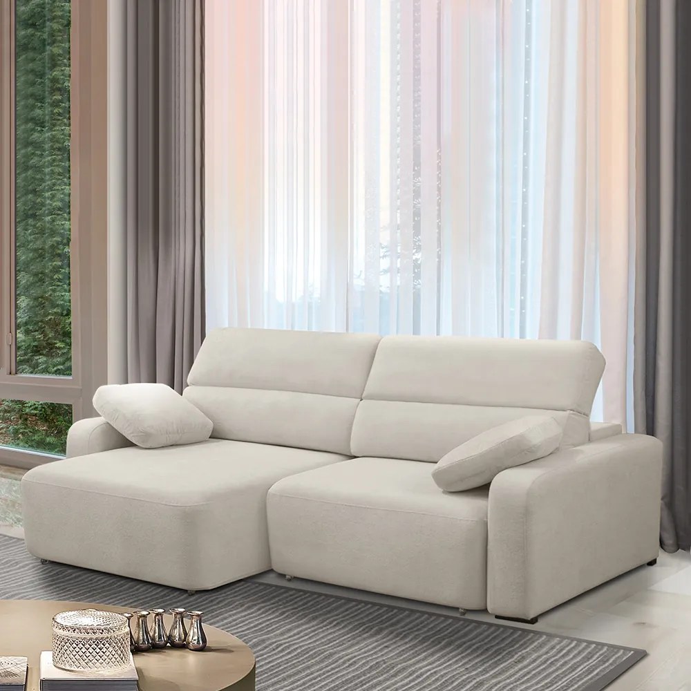 Sofá Decorativo Sala de Estar Ícaro 3 Lugares 220cm Reclinável e Retrátil Bouclê Off White G89 - Gran Belo