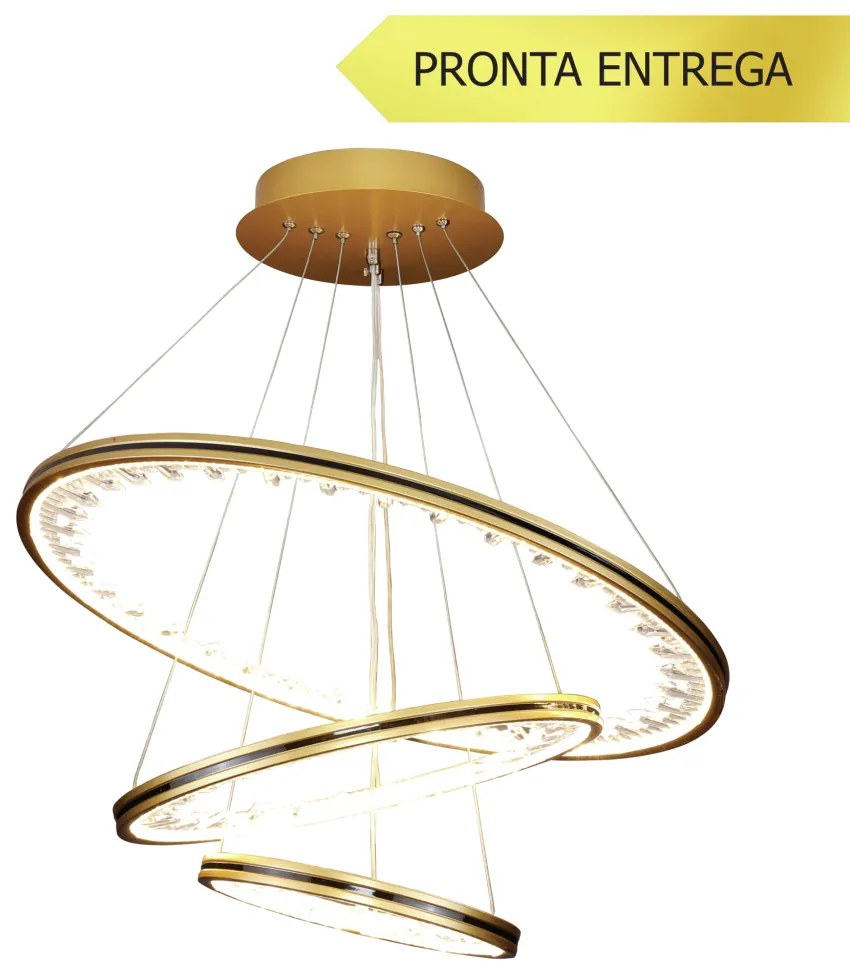 Pendente Opala Redondo 03 Aros Ø60 + Ø40 + Ø20Cm Led 50W 3000K Bivolt... (Champanhe)