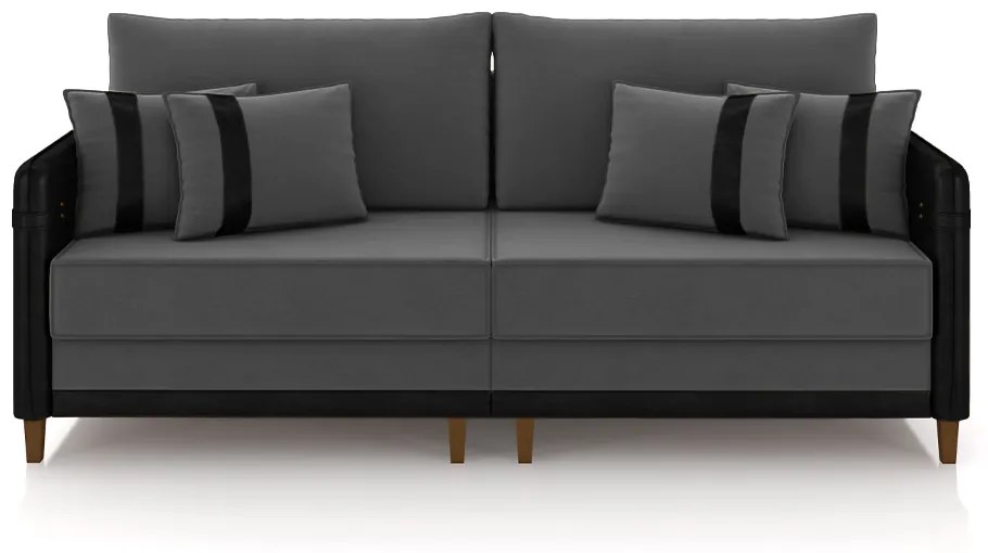 Sofá Living Montecarlo 3 Lugares Bipartido 232cm Pés em Madeira Veludo/PU Grafite/Preto G33 - Gran Belo