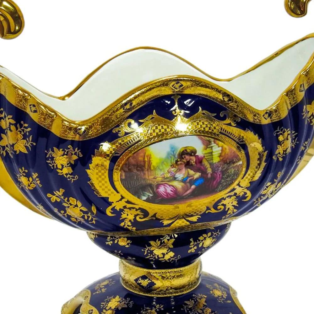 Vaso Decorativo em Porcelana Azul com Detalhes em Dourado - 36x40x17cm