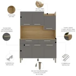 Armário de Cozinha Compacta 132cm Stella Plus Freijó/Gris Z06 - Mpozen