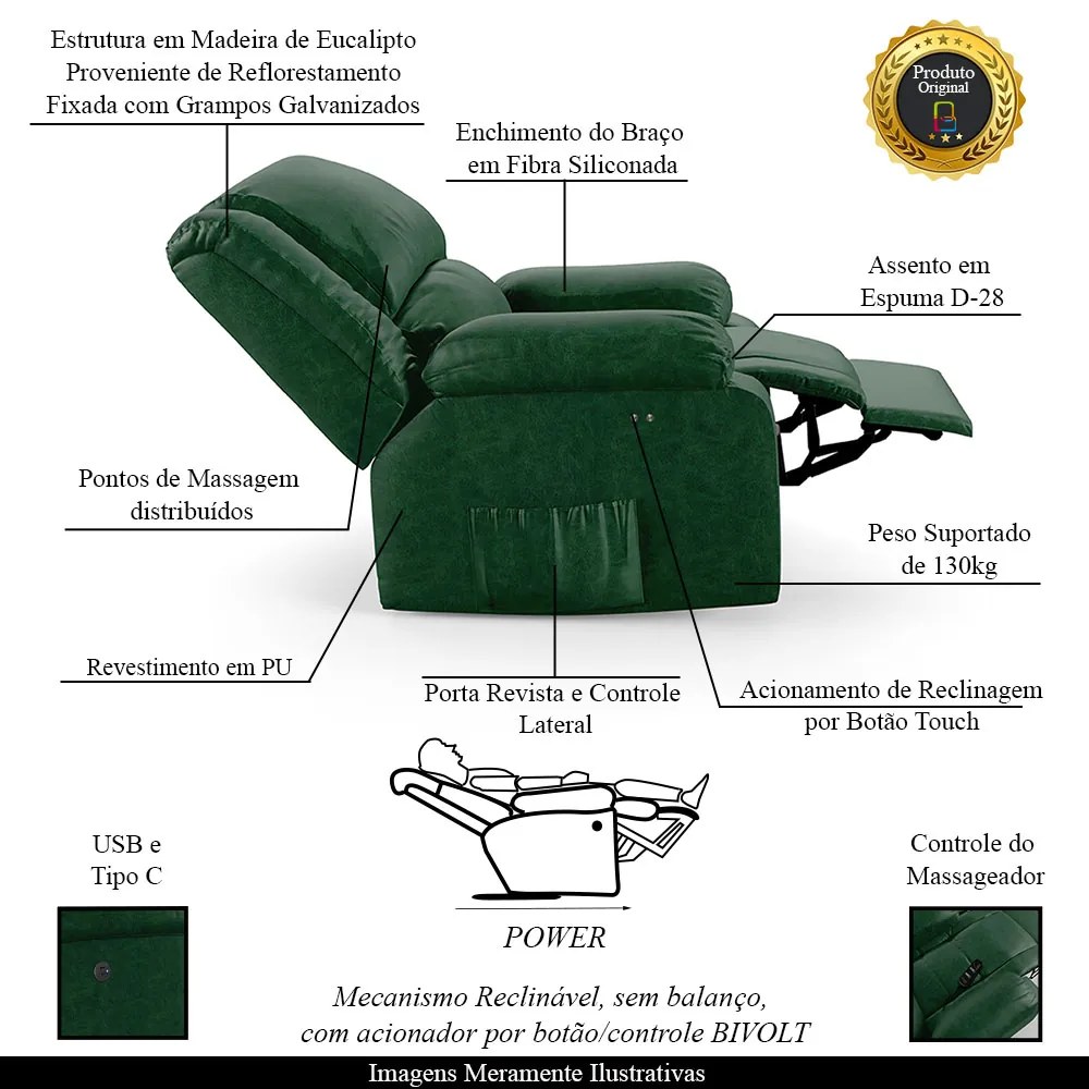 Poltrona do Papai Reclinável Sala de Cinema Madrid Power Touch Massagem USB PU Verde Musgo  G23 - Gran Belo