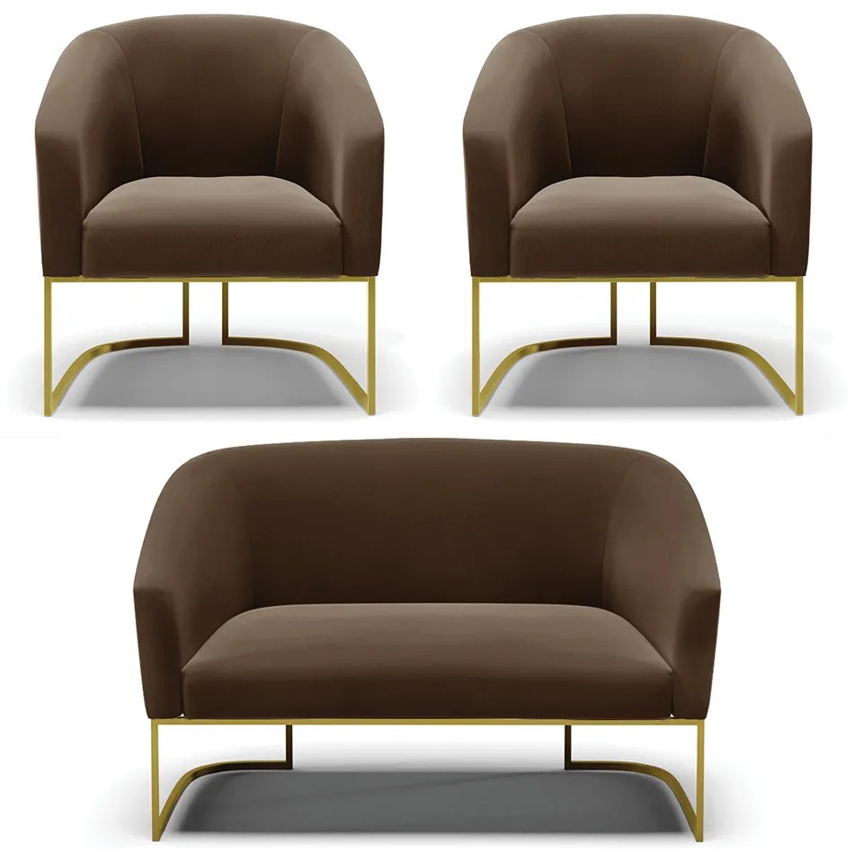 Namoradeira e 2 Poltronas Base Industrial Dourado Stella Suede Marrom D03 - D'Rossi