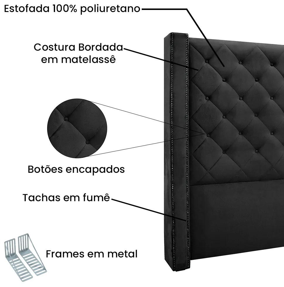 Cabeceira Cama Box Queen 160cm e Recamier Vicenza Veludo Preto S04 - D'Rossi