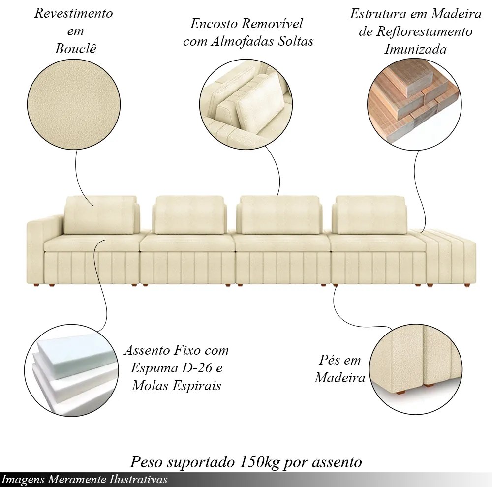 Sofá Ilha com Encosto e Almofadas Móveis Olimpo 465cm Modulado Bouclê Off White G45 - Gran Belo