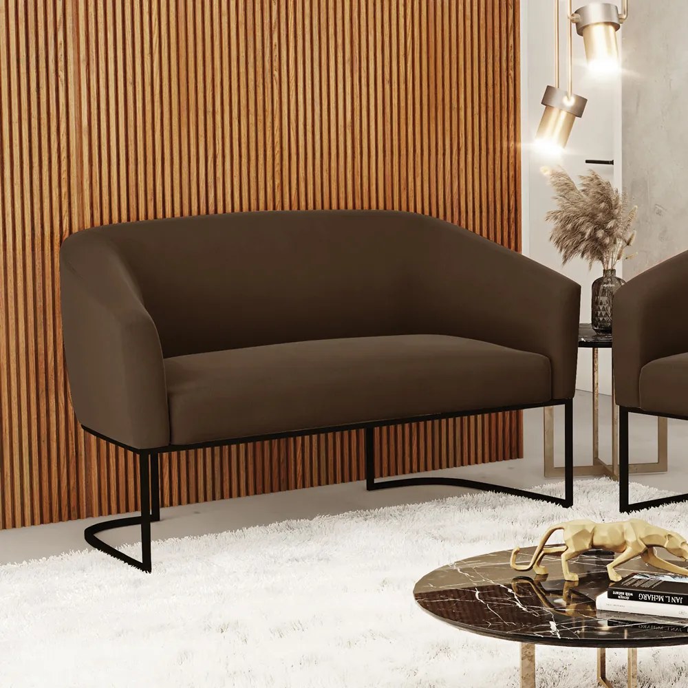 Sofá 2 Lugares Namoradeira Industrial Preto Stella Suede D03 - D'Rossi - Marrom