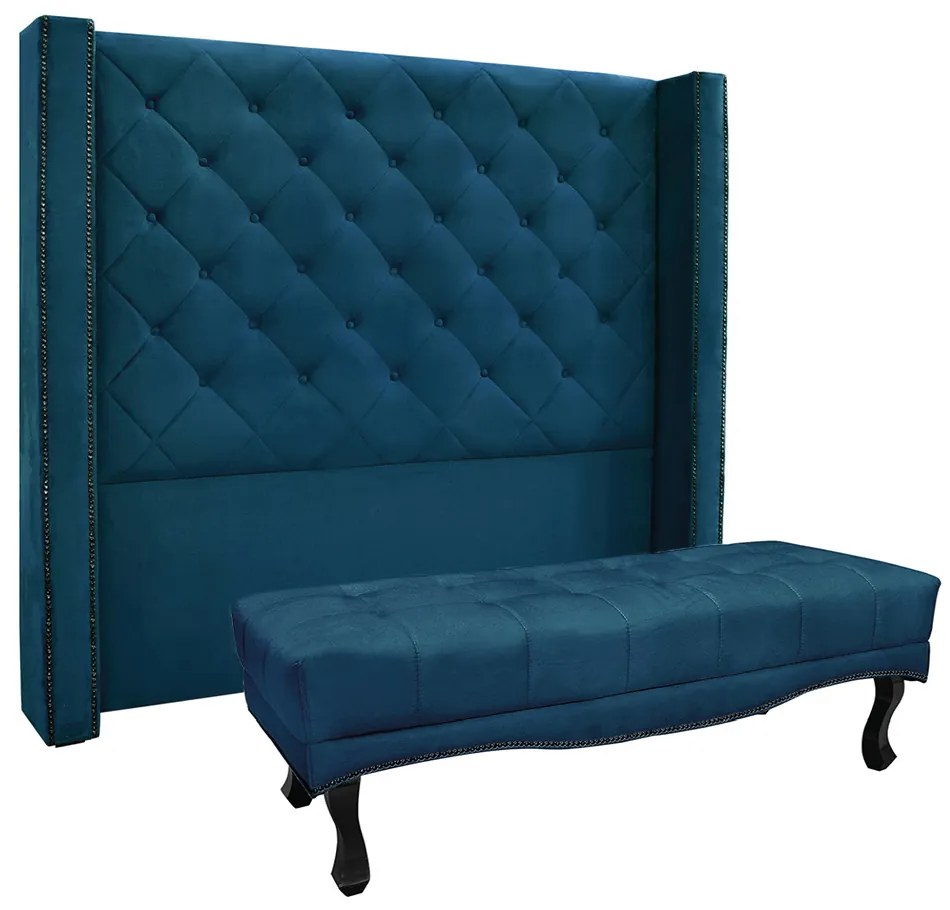 Cabeceira Cama Box King 195cm e Recamier Vicenza Veludo Azul Marinho S04 - D'Rossi