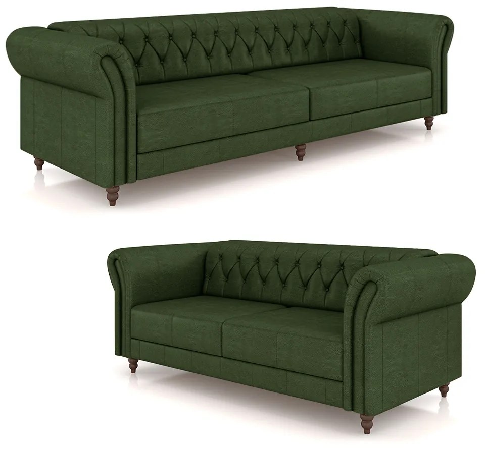 Conjunto de Sofá Sala de Estar Stanford Chesterfield 2 e 3 Lugares 180cm/240cm Pés Madeira Couro Verde Manchado G58 - Gran Belo