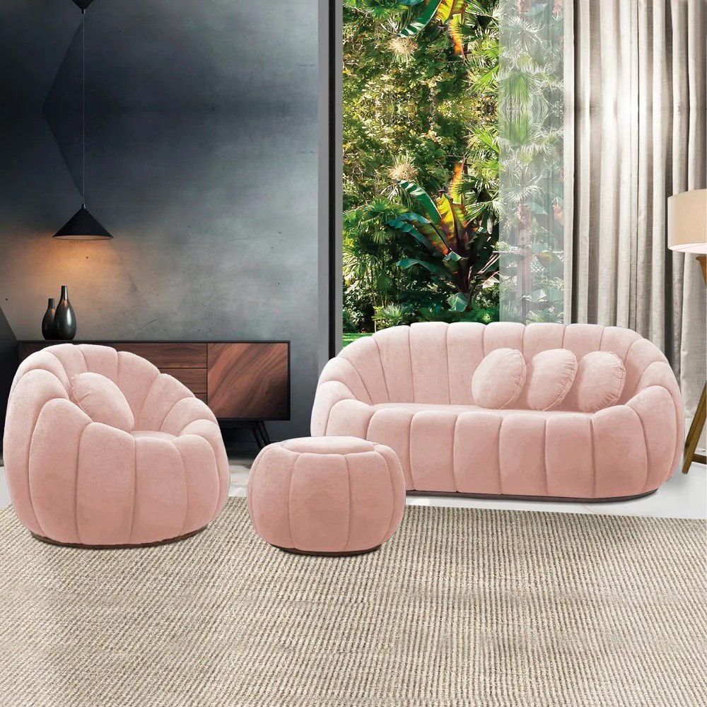 Sofá 2 Lugares com Puff e Poltrona Giratória Orgânica Cloud Bouclê E03 - D'Rossi - Rose