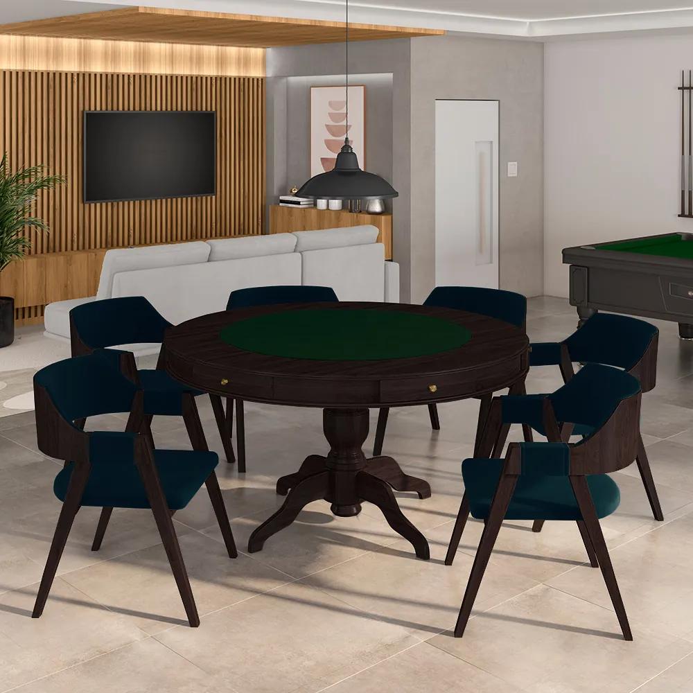 Conjunto Mesa de Jogos Carteado Bellagio Tampo Reversível e 6 Cadeiras Madeira Poker Base Estrela Veludo Azul Marinho/Tabaco G42 - Gran Belo
