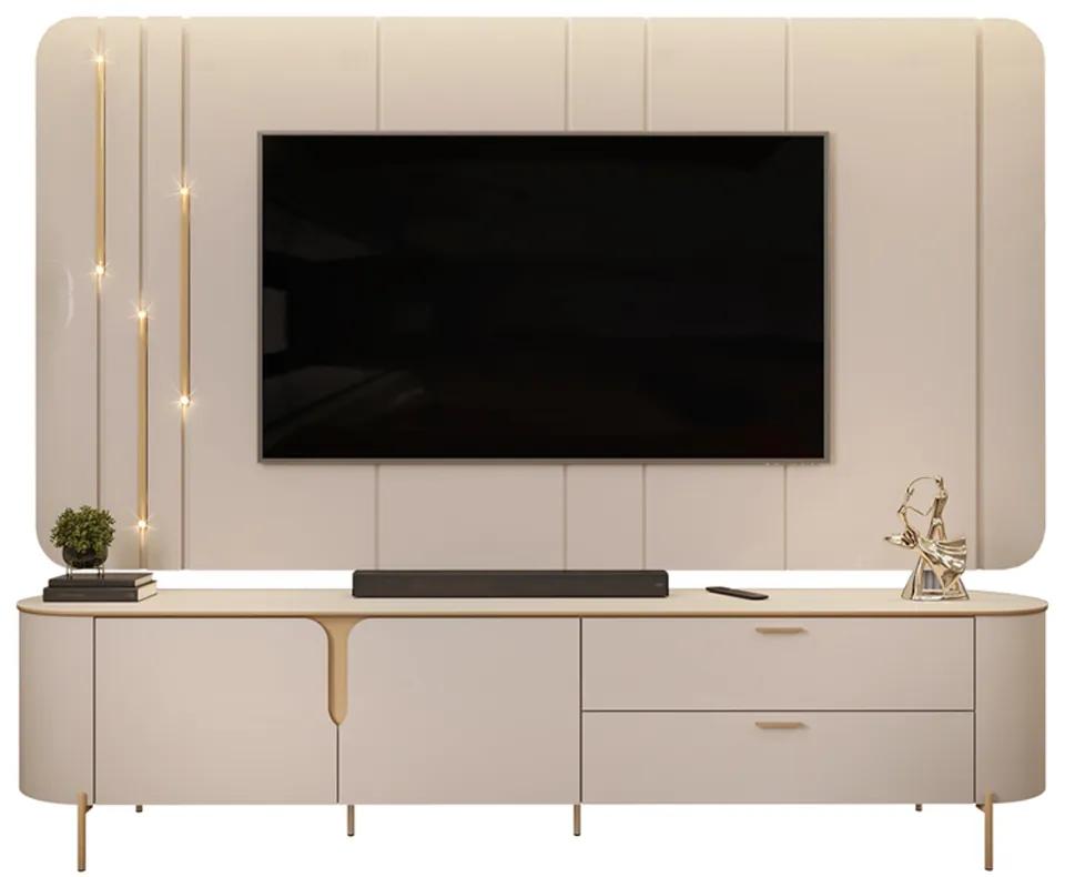 Painel com Bancada 241cm Avatar com LED e Detalhes Dourados para TV Até 75 Off White G18 - Gran Belo