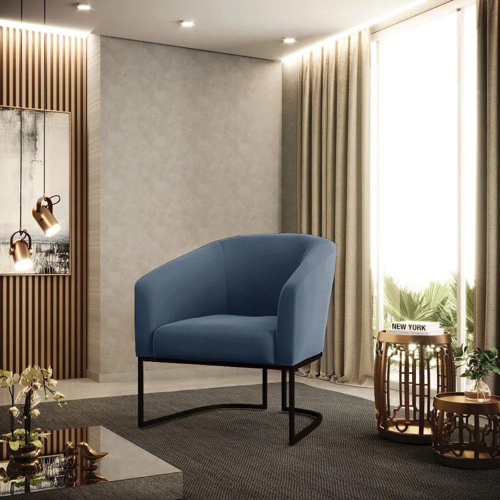 Poltrona Decorativa Industrial Preto Kit 2 Stella Suede D03 - D'Rossi - Azul Marinho
