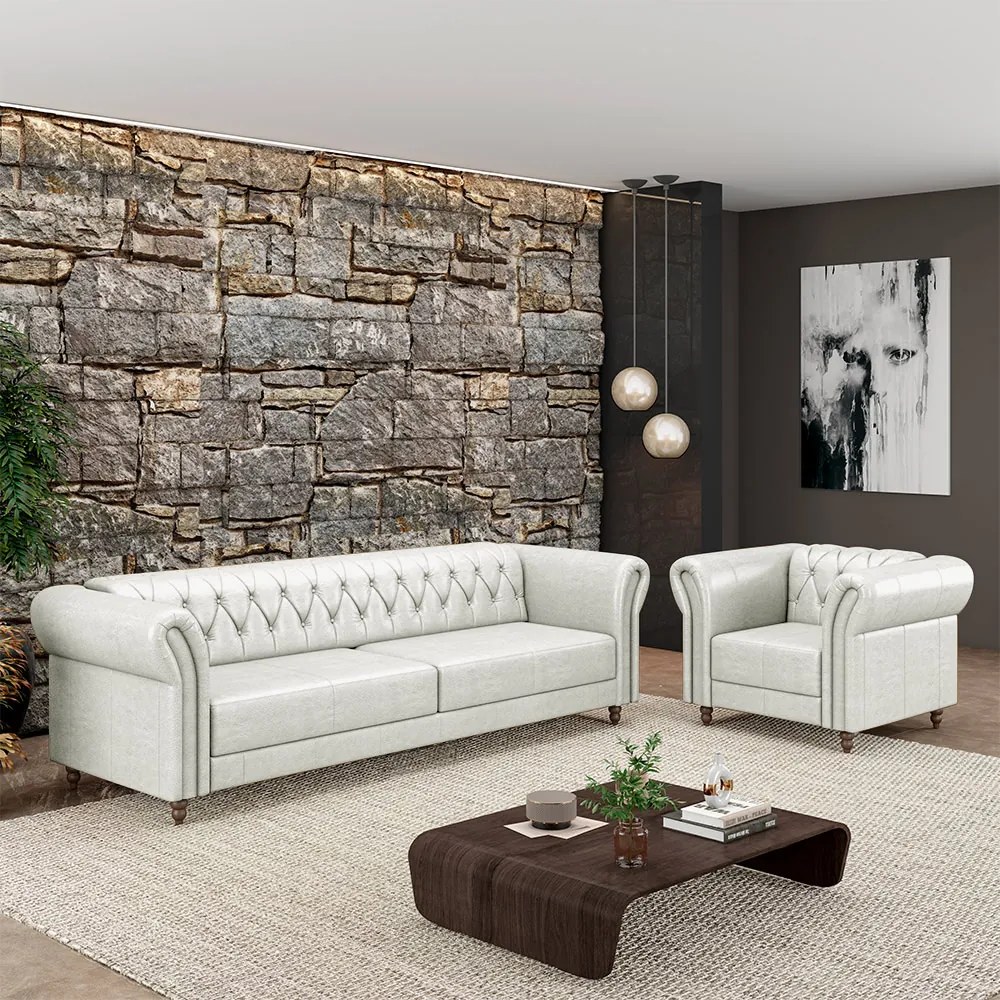 Conjunto Sala de Estar 1 Sofá Living 180cm e 2 Poltronas Stanford Chesterfield Pés Madeira Couro Branco Manchado G58 - Gran Belo