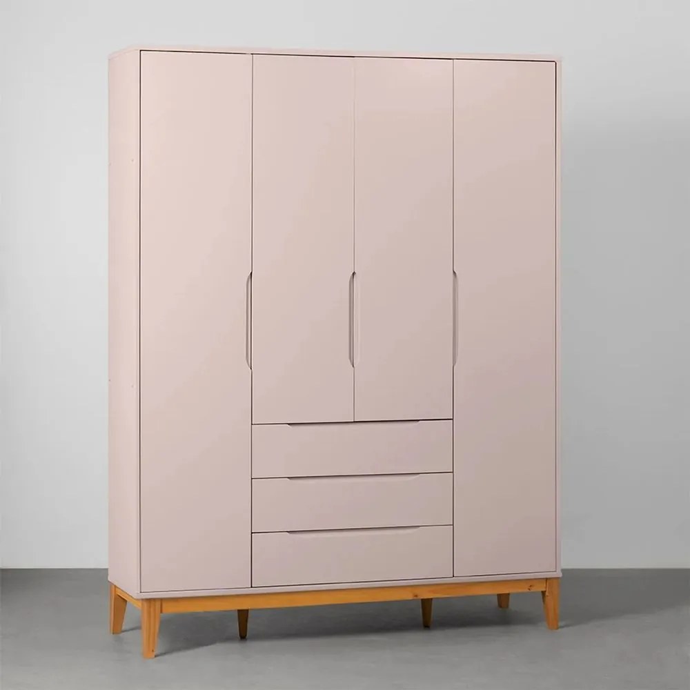 Guarda-Roupa Elfe 4 Portas e 3 Gavetas com Pés Square Mel - Rosa Fosco
