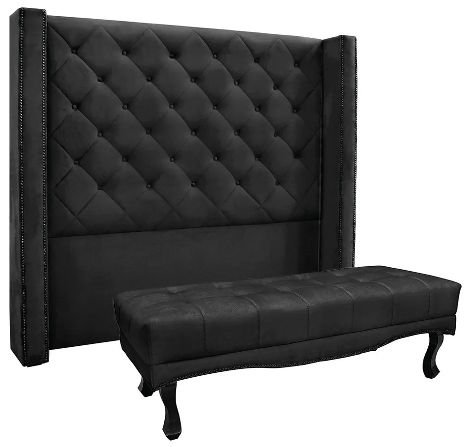 Cabeceira Cama Box Casal 140cm e Recamier Vicenza Veludo Preto S04 - D'Rossi