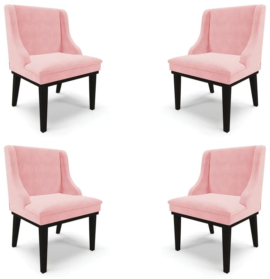Kit 4 Cadeiras Decorativas Sala de Jantar Base Fixa de Madeira Firenze Suede Rosa Bebê/Preto G19 - Gran Belo