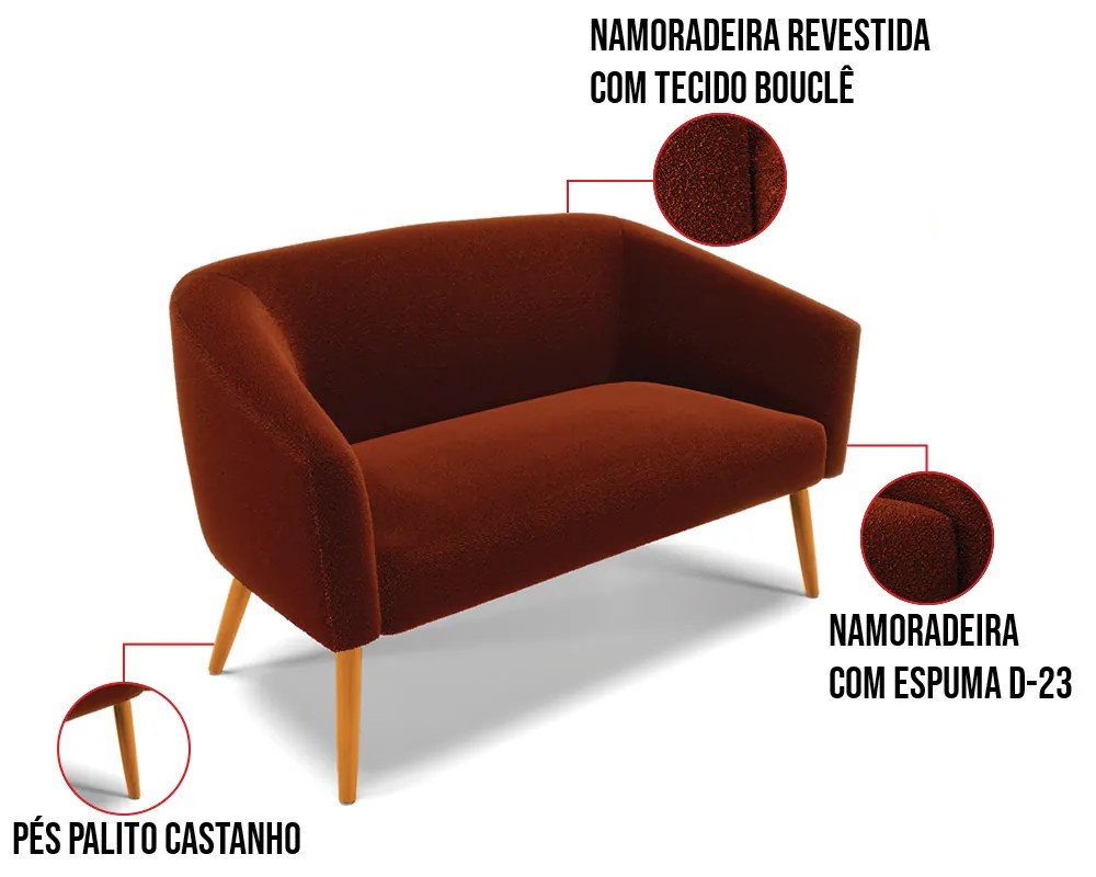 Sofá 2 Lugares Namoradeira Pé Palito Castanho Stella Bouclê D03 - D'Rossi - Terra