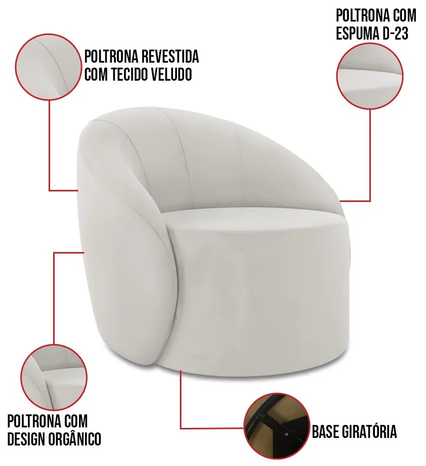 Poltrona Decorativa Orgânica Giratória Kit 2 Lua Veludo D03 - D'Rossi - Cinza