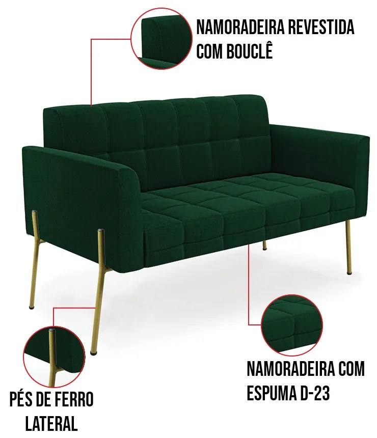 Namoradeira e 2 Poltronas Pé de Ferro Dourado Elisa Bouclê Verde D03 - D'Rossi