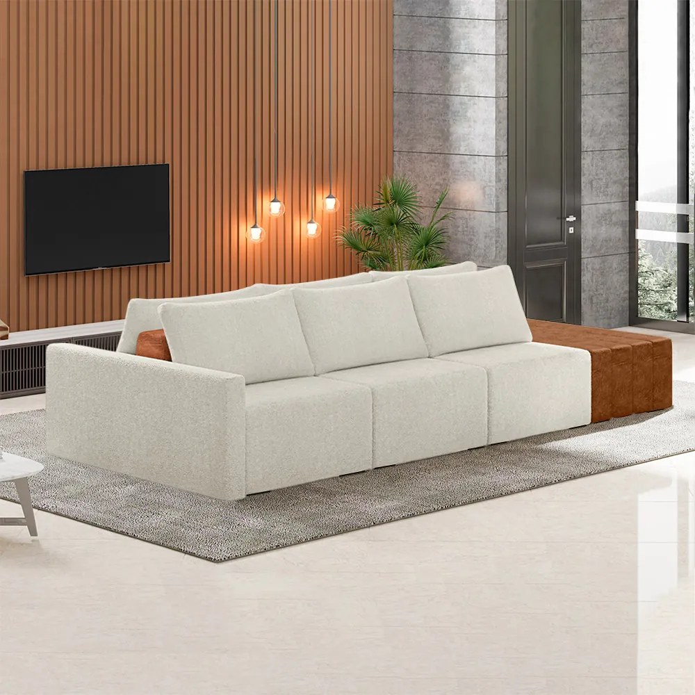 Sofá Ilha Modulado Milos 342cm Puff Lateral OffWhite Caramelo Manchado Bouclê/PU G33 - Gran Belo