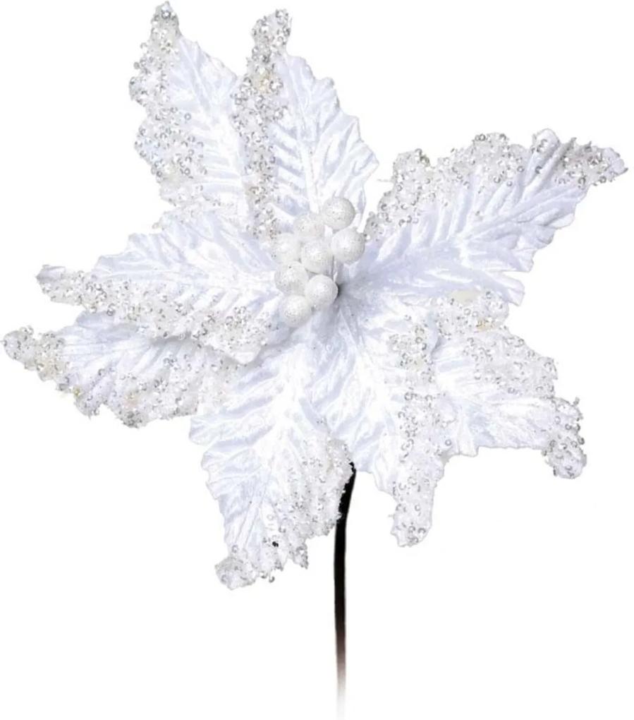 Flor Artificial Decoração Natal C/ Glitter Branco