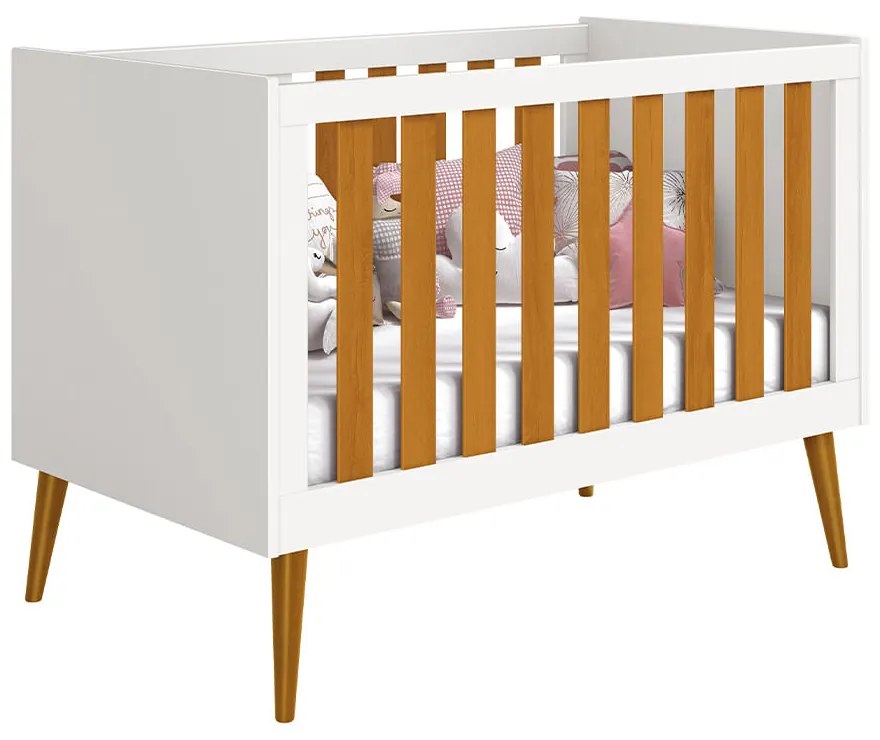 Berço Mini Cama Noah com Pés em Madeira – Branco e Savana - Berço Mini Cama Noah com Pés em Mel – Branco e Savana