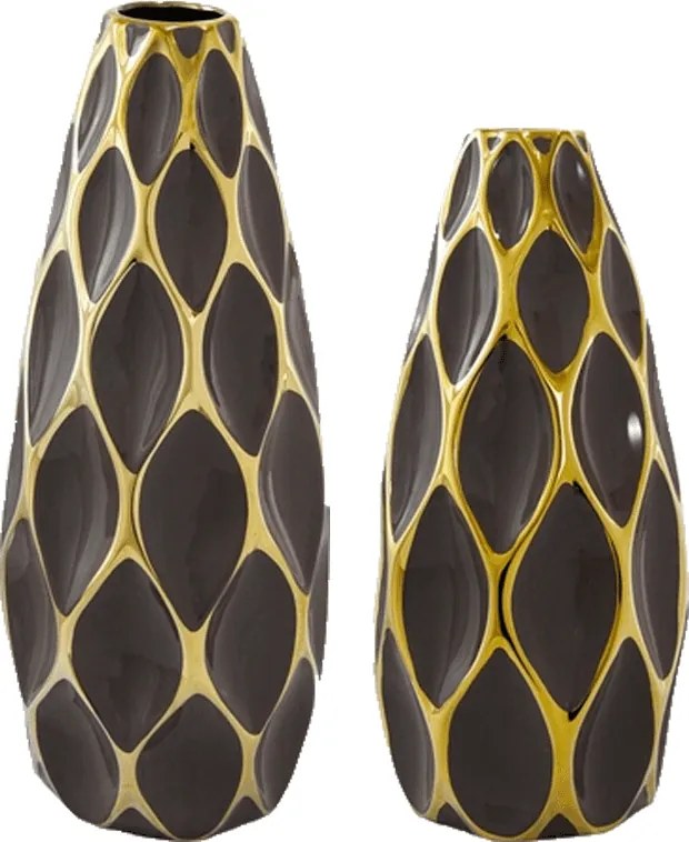Conjunto de Vasos Decorativos Marrom com Detalhes em Dourado - 2 Peças