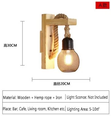 Arandela Luminária Loft americano industrial retro lâmpada de parede e27 madeira led corredor varanda luz parede para barra sala estar gaiola ferro pendurar arandela - A