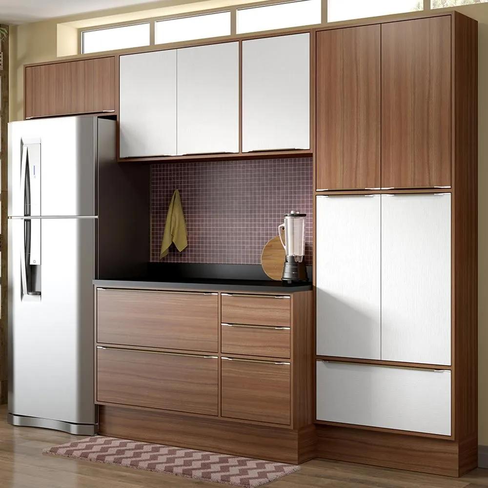 Cozinha Compacta 11 Portas C/ Tampo e Rodapé 5458r Nogueira/Branco - Multimóveis