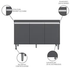 Balcão Gabinete Para Pia 120cm 3 Portas Sem Tampo Manu Cinza - AJL Móv