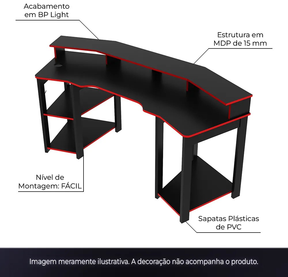 Conjunto Mesa Armário Estante e Gaveteiro para Escritório Home Office Gamer Cool MDP Preto/Vermelho G69 - Gran Belo