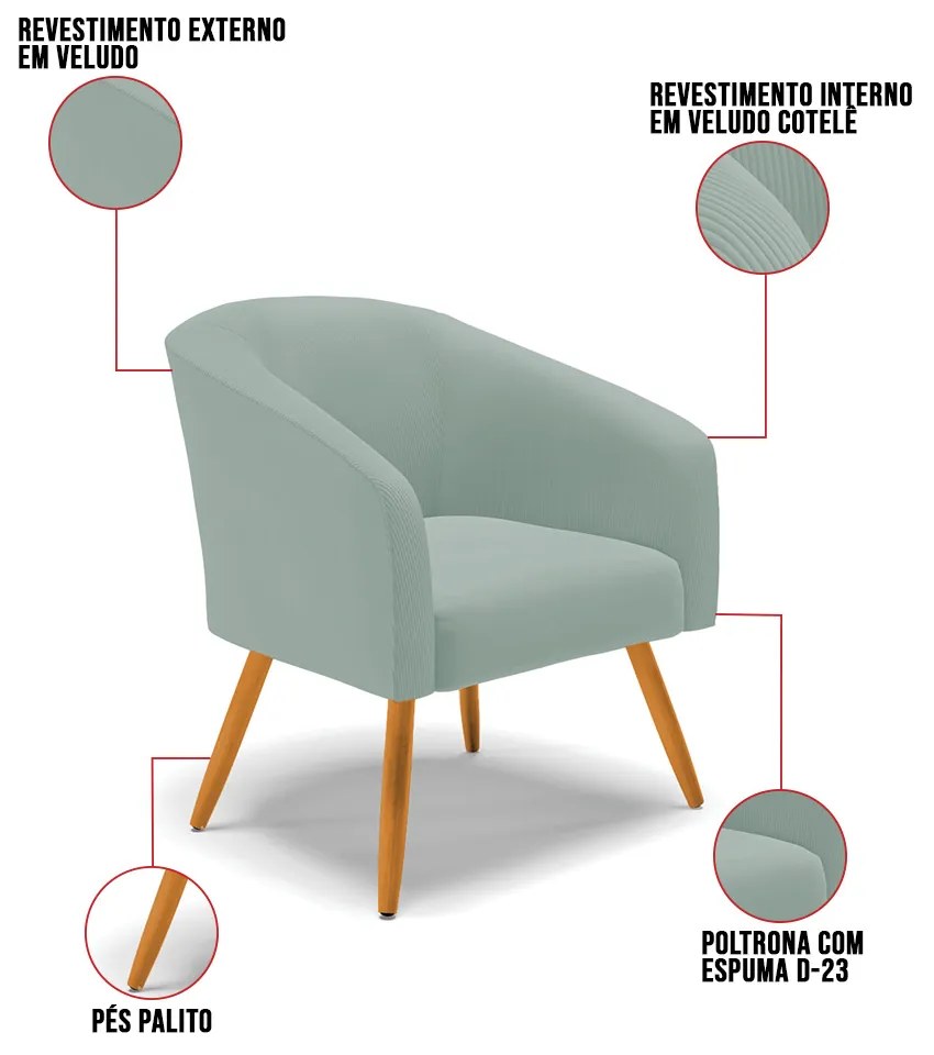 Poltrona Decorativa Pé Palito Castanho Kit 2 Stella Cotelê Int/Veludo Menta D03 - D'Rossi