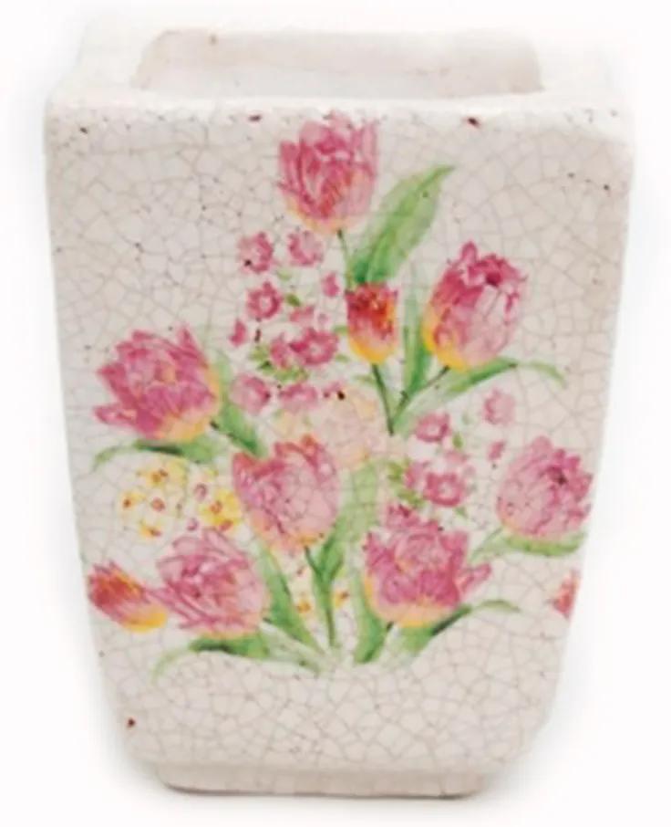 Cachepot em Cerâmica na Cor Bege com Pintura de Flores - 16x11x11cm