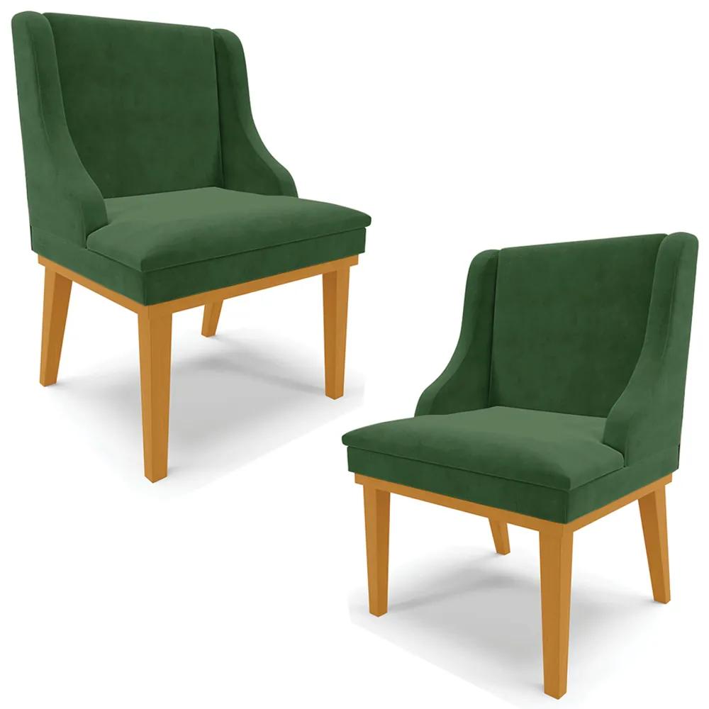 Kit 2 Cadeiras Decorativas Sala de Jantar Base Fixa de Madeira Firenze Suede Verde/Castanho G19 - Gran Belo