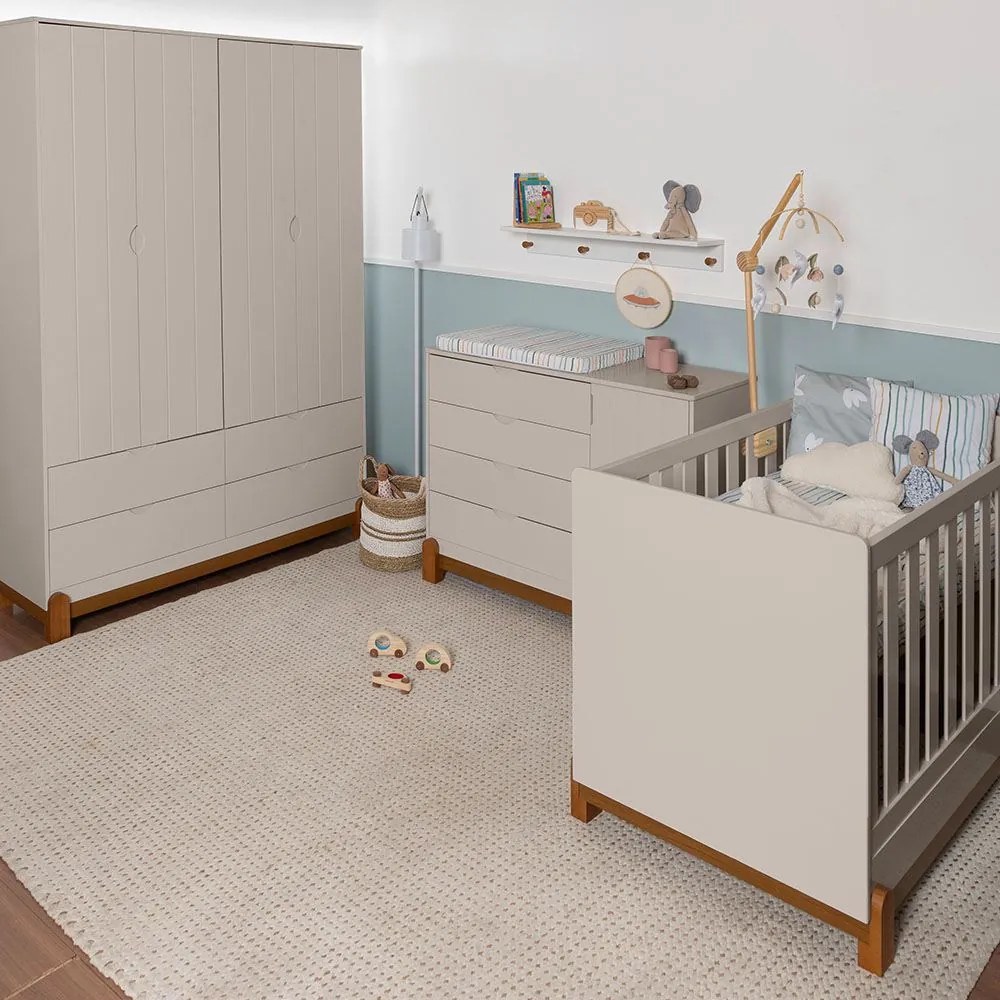Kit Quarto Infantil Lotus Berço Mini Cama + Cômoda 4 Gavetas e 1 Porta + Guarda-Roupa 4 Portas com 4 Gavetas - Areia Fosco