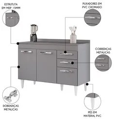 Balcão Gabinete Para Pia 120cm 3 Portas com Tampo Suécia Cinza - Lumil