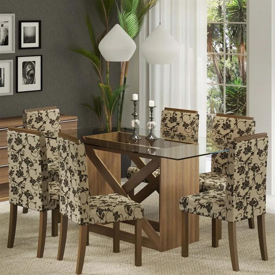 Conjunto Olinda Com Mesa + 6 Cadeiras Rustic / Floral / Marrom -