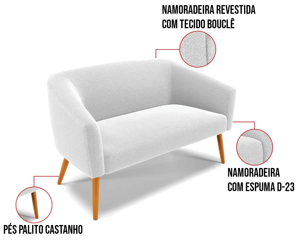 Sofá Namoradeira e Poltrona Pé Palito Castanho Stella Bouclê Off White D03 - D'Rossi