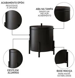 Lixeira Alumínio com Tampa 6L Luxe D09 Preto - Mpozenato