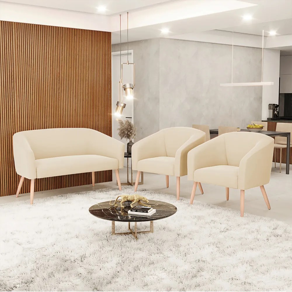 Namoradeira e 2 Poltronas Pé Palito Natural Stella Suede Bege D03 - D'Rossi